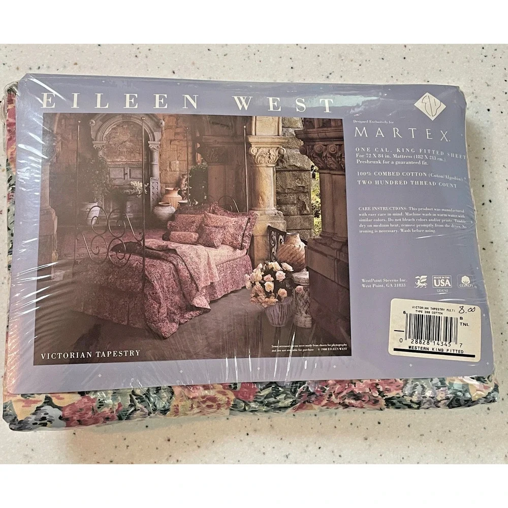 Eileen West California King Fitted Sheet Victorian Tapestry Vtg 80's NEW OLD STK